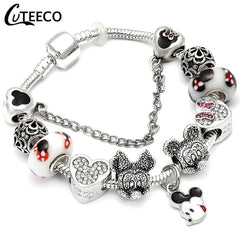 CUTEECO 925 Fashion Silver Charms Bracelet Bangle For Women Crystal Flower Beads Fit Brand Bracelets Jewelry