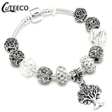 CUTEECO 925 Fashion Silver Charms Bracelet Bangle For Women Crystal Flower Beads Fit Brand Bracelets Jewelry