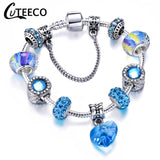 CUTEECO 925 Fashion Silver Charms Bracelet Bangle For Women Crystal Flower Beads Fit Brand Bracelets Jewelry
