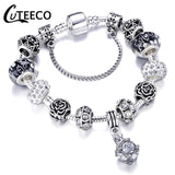 CUTEECO 925 Fashion Silver Charms Bracelet Bangle For Women Crystal Flower Beads Fit Brand Bracelets Jewelry