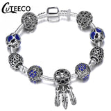 CUTEECO 925 Fashion Silver Charms Bracelet Bangle For Women Crystal Flower Beads Fit Brand Bracelets Jewelry
